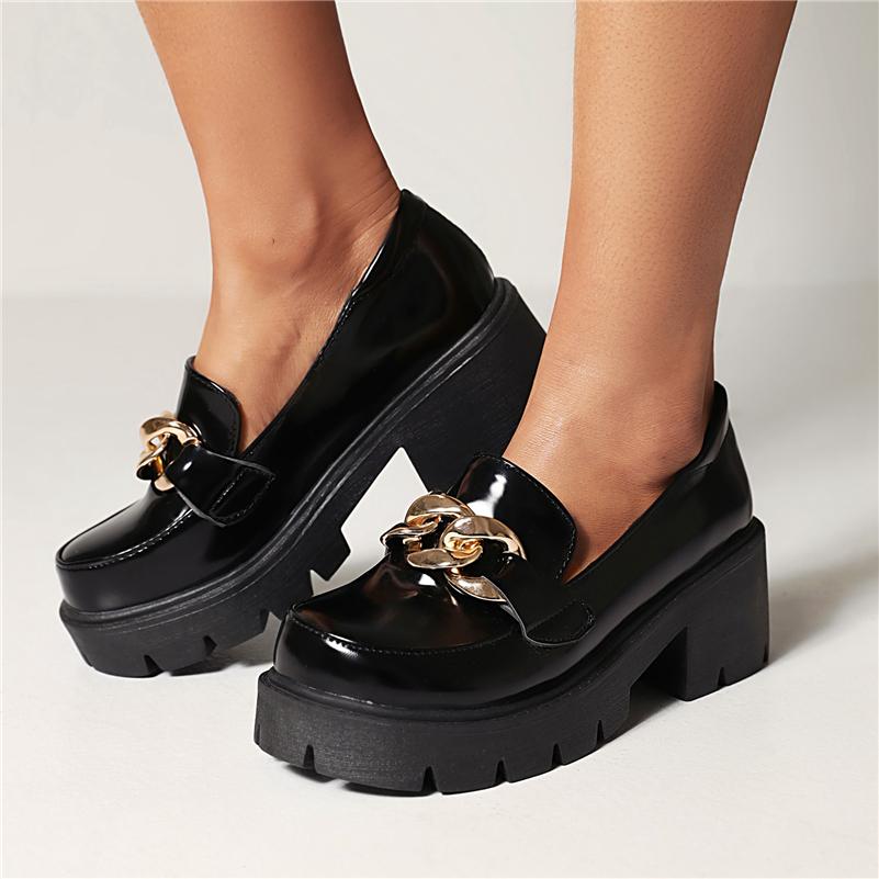 Meotina Escarpins à talons épais et plateforme pour femmes, décoration en métal, bout rond, talons hauts, chaussures pour dames, mocassins à la mode pour le printemps, noir