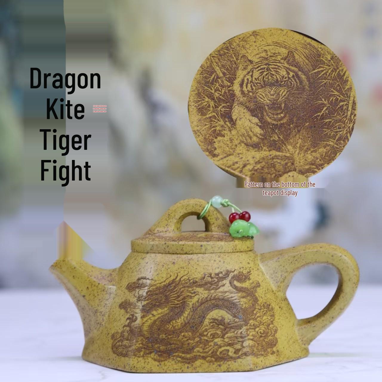 Yixing Dragon Blood Sand Handmade Dragon & Tiger Fight Six-Sided Teapot
