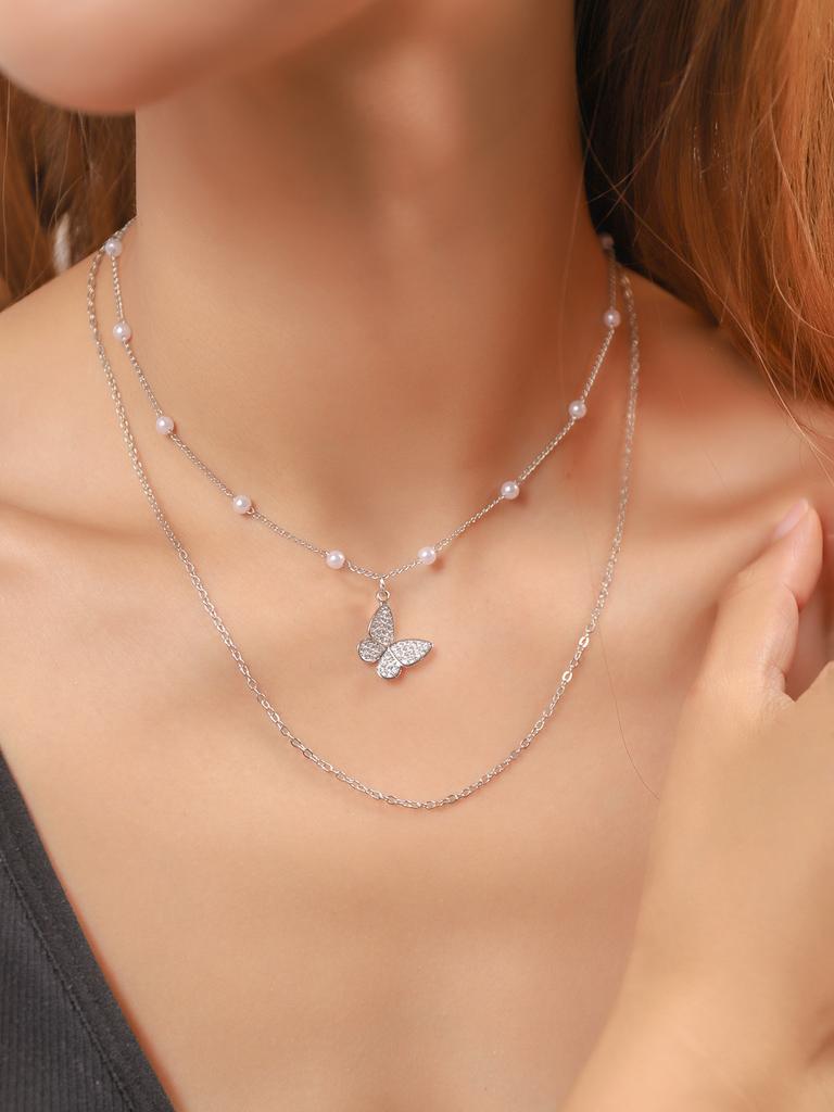 New Shiny Butterfly Necklace Ladies Exquisite Double Layer Clavicle Chain Necklace Jewelry for Ladies Gift
