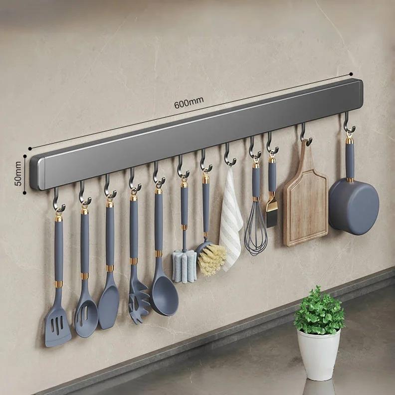 Non-perforated Kitchen Storage Rack Wall Mounted Shelves Kitchen Utensil Accessories with Movable Hook Spoon Holder Organizer