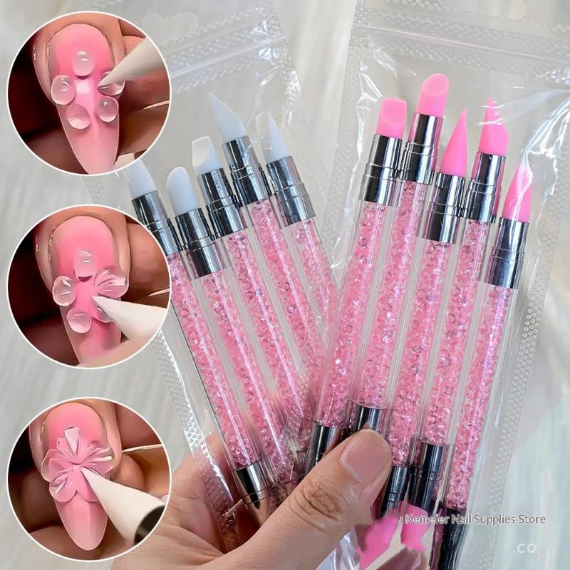 5Pcs/Set Pink Dual Ended Sculpture Pen Manicure Brush Rhinestone Nail Art Silicone Pen 3D Flower Carving Dotting Nail Tool