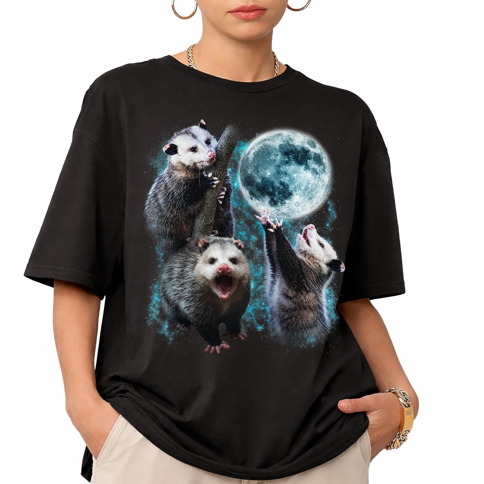 Opossum Moon T-Shirt, Three Possums Retro Graphic Tee, Backyard Wildlife Lover Shirt S