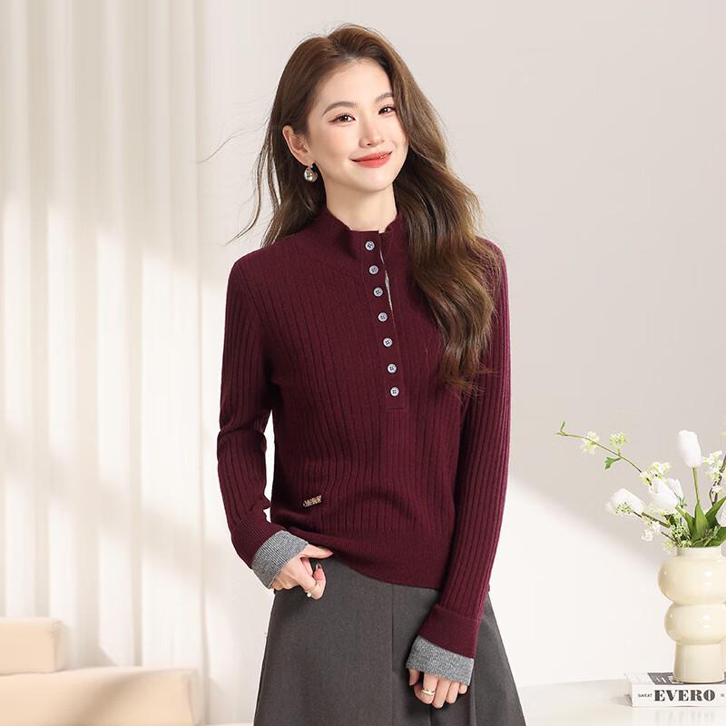 Qianbainian Damen Farbblock-Strickpullover aus reiner Wolle