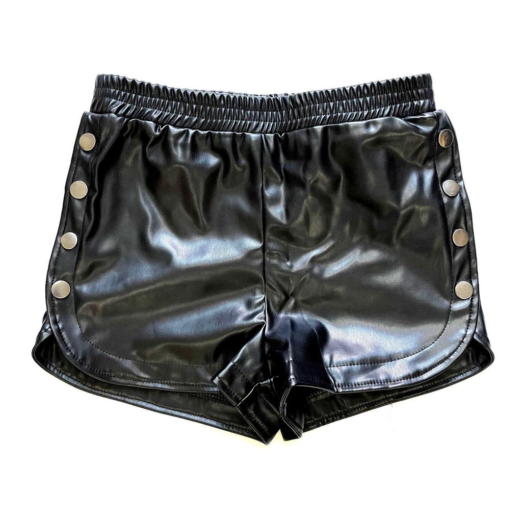 High Waist PU Leather Side Button Slit Shorts for Women