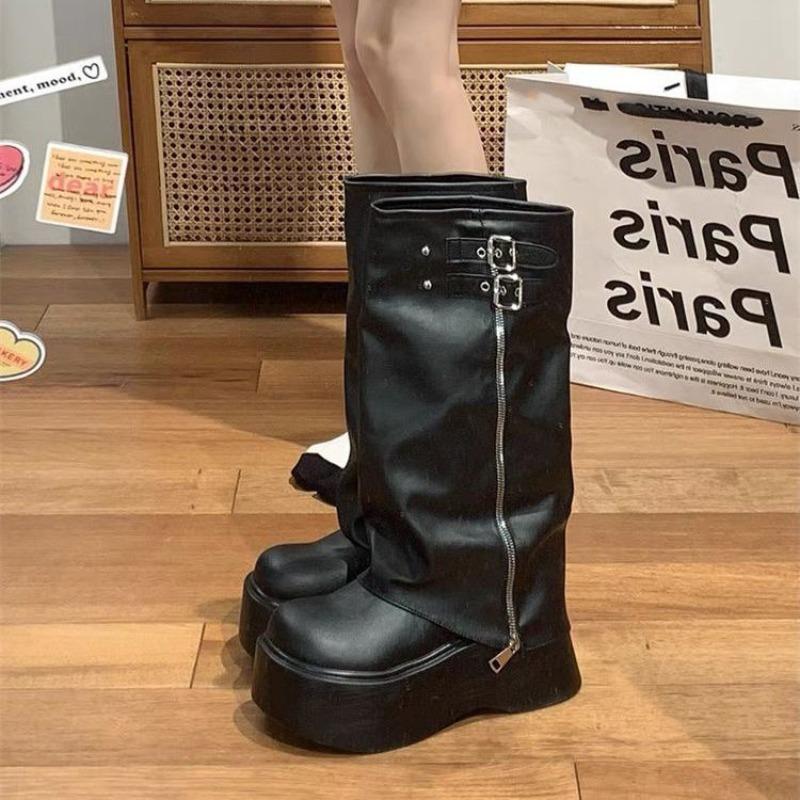Fashionable Wide Leg Knight Long Boots Inner Elevator Thick Sole Side Zipper Buckle Slouchy Design