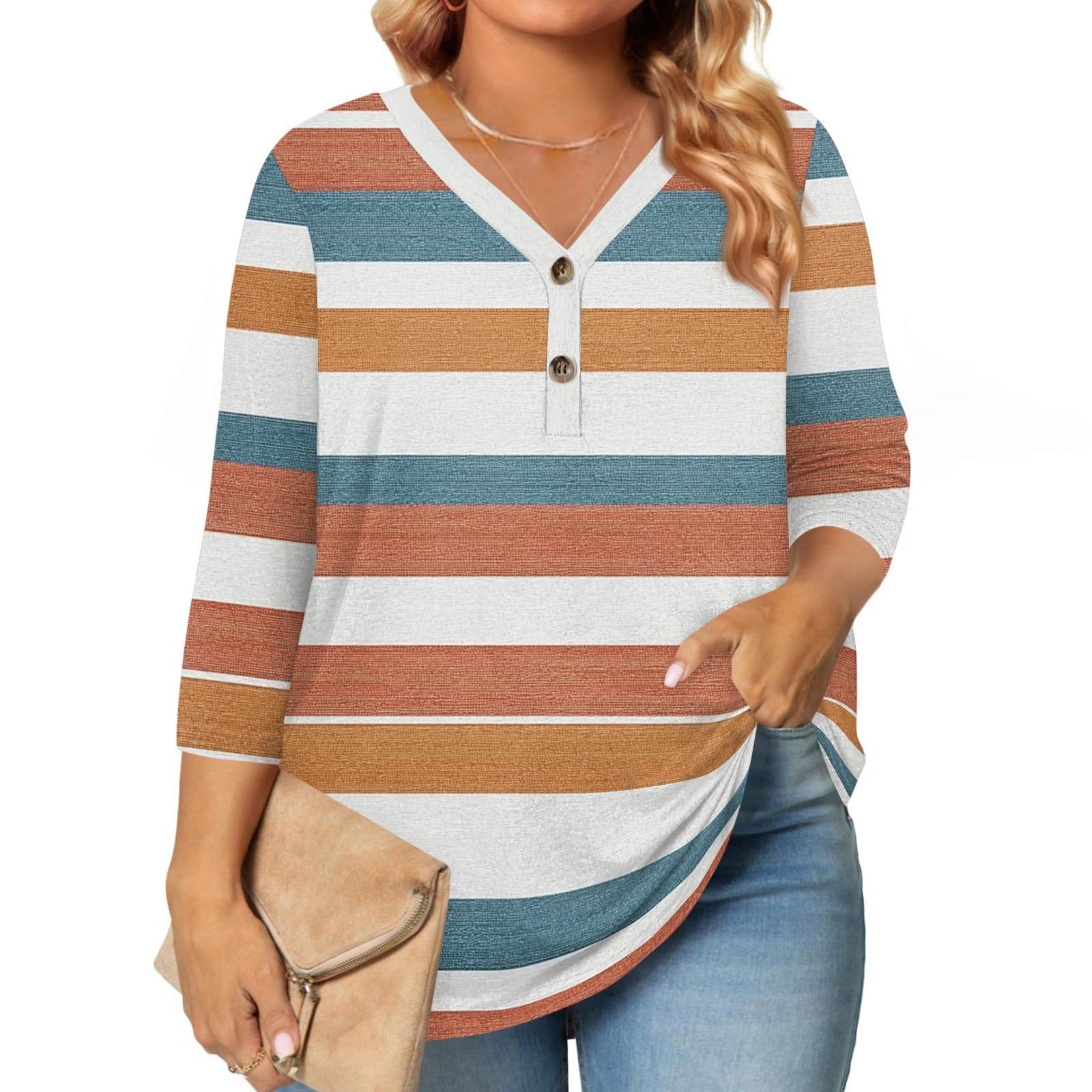 

3/4 Length Sleeve Womens Tops Plus Size Button Down V Neck Shirts Blouses Casual Print Loose XL кавун червоний колір