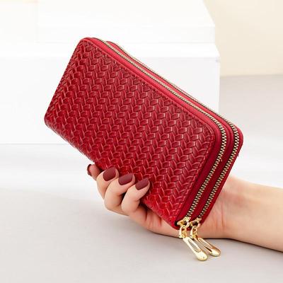 Portefeuille en cuir à Double fermeture éclair pour femmes, Long sac à main de grande capacité, pochette pour téléphone portable, porte-cartes, pince à billets