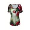 Vibrant Floral Print Short Sleeve V Neck T-Shirt - Women's Leisure T-Shirts for Spring & Summer - Comfortable,