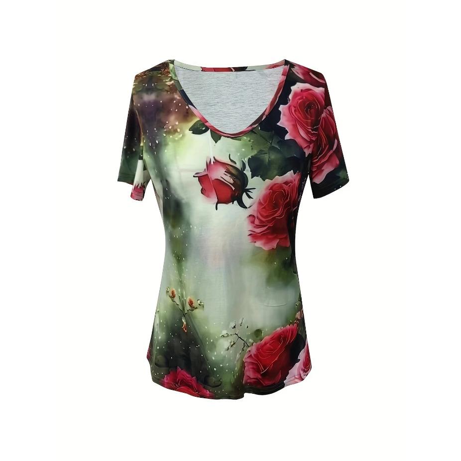 Vibrant Floral Print Short Sleeve V Neck T-Shirt - Women's Leisure T-Shirts for Spring & Summer - Comfortable,