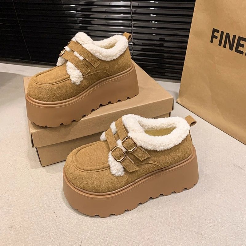 Snow Boots Women's Thick-soled Heightening Velvet Warm Small Leather Shoes Women's 2025 Autumn and Winter New Versatile One-pedal Cotton Shoes