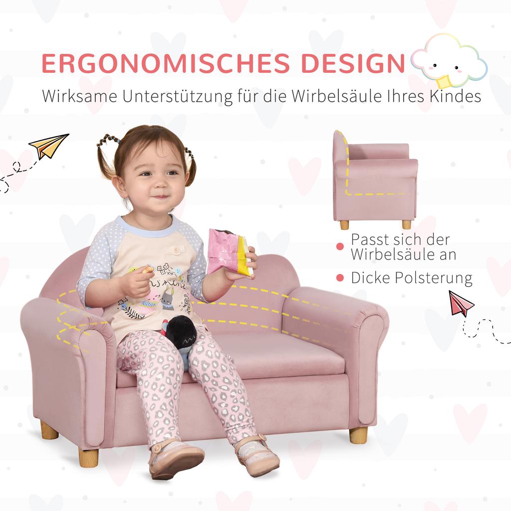 Children's Sofa, Two-Seater for Children 3-5 Years, Storage Space, Natural Wood Frame, 84 x 41.5 x 48.5cm, Pink