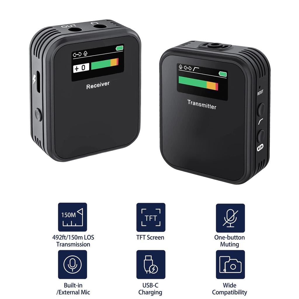 Wireless Lavalier Microphone 2.4G Noise Reduction TFT Screen 1 Channel Lapel Mic System for Vlogging Streaming Black