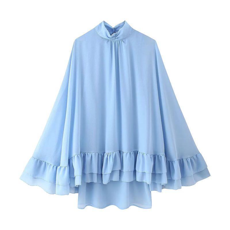 

Summer New Product Women s Clothes Casual Wind Elegant Stand-up Collar Flared Sleeves High Waist Cape Style Short Cake Dress Blue L