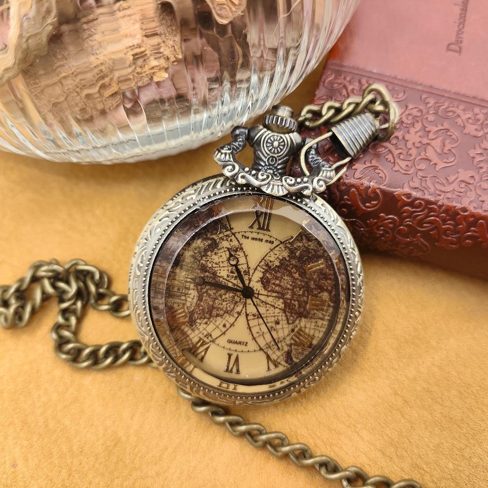 Tea Colored Glass Double Earth Pattern Pocket Watch, Unisex Casual Quartz Retro Pocket Watch.