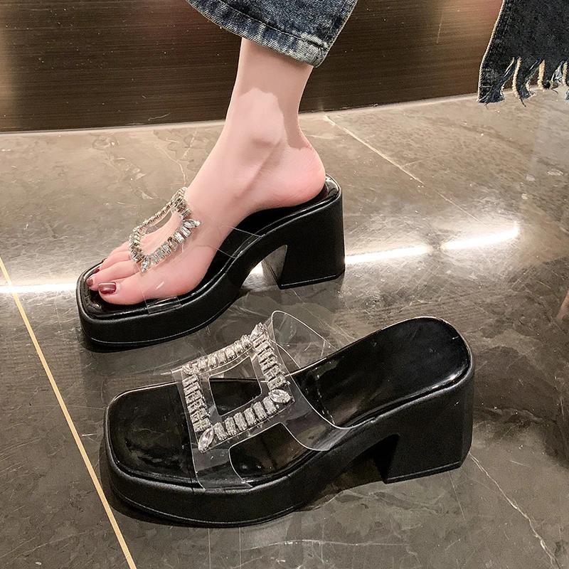 

2024 Высококачественная женская обувь, летняя мода, открытый носок, однотонные женские тапочки, прозрачные женские туфли со стразами на высоком каблуке 42 чёрный