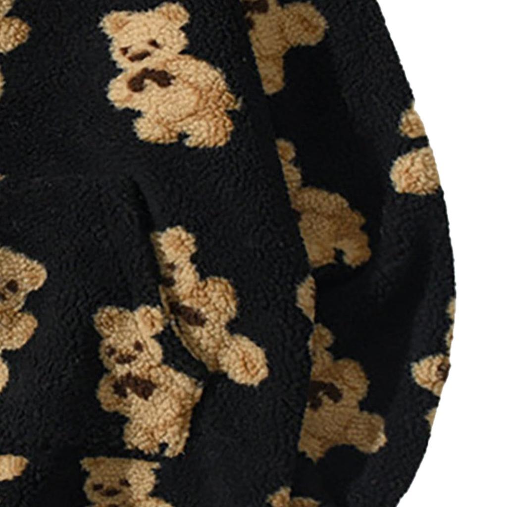 Damen Bären Half-Zip Mantel Bedruckter Doppellagiger Fleece Pullover Hoodie Lässig Locker Tasche Langarm Pullover