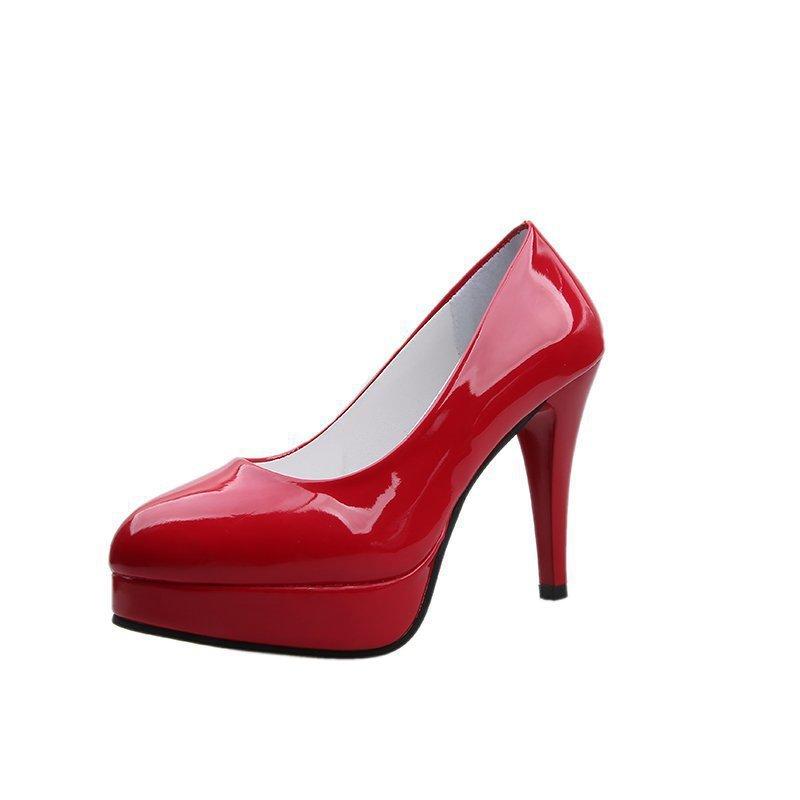 Neue modische Damen-High-Heels wasserdicht Tisch Dünn-Absatz Einzelne Schuhe Lackleder Runde Spitze Übergröße Arbeit Damen Einzelne Schuhe