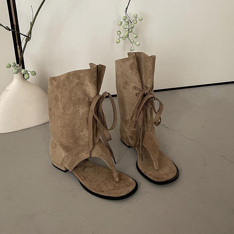 Versatile Niche Design Sense French Fashion Toe Cool Boots Women's 2025 Summer New Lace-up Thick Heel Thin Sandals