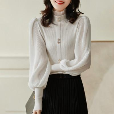 Automne et Hiver Élégant Goût Féminin Oreille de Judas Col Semi-Montant Manches Lanternes Haut de Base Tricoté pour Femmes