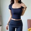 Square Collar High Stretch Summer Crop Tops Women Short Sleeve Tops Sexy Pullover Bottoming Blouses Slim T-shirt
