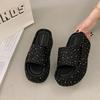 the new thick-bottomed rhinestone one-word flat-bottomed fashionable outer wear versatile slippers for women and height-increasing slippers for women