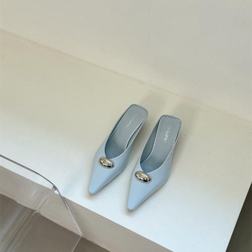 Fashion French Style High Heel Slippers Women Pointed Toe Metal Buckle Slip On Mules