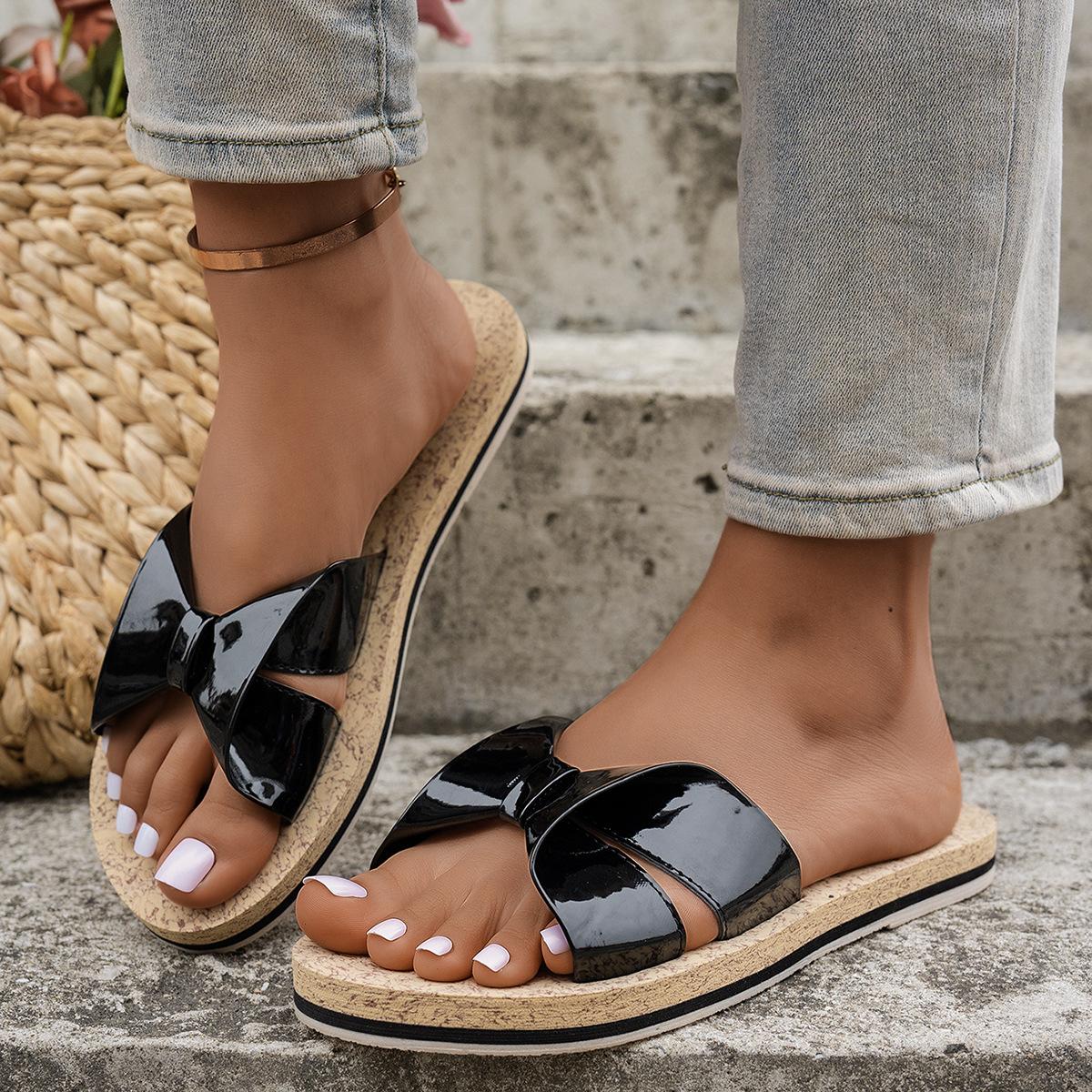 

Летние женские повседневные шлепанцы новые уличные бантик плоская подошва круглый носок слово пляжные сандалии 36 чёрный