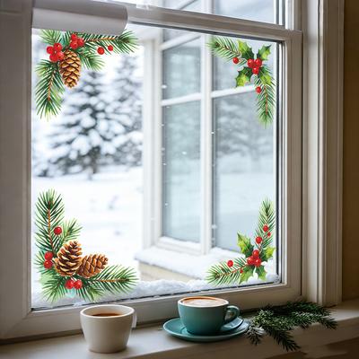 Christmas Pinecone Four-cornered Border Decorative Window Sticker for Home Balcony Glass Window Beautification.