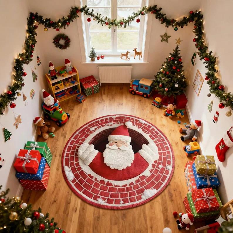 3D Frohe Weihnachten Teppich Rund Weihnachts-Teppich Goldenes Feiertagsmuster Teppich Schwarz Festlicher Bodenteppich Bäume Zuckerstangendesign Teppich