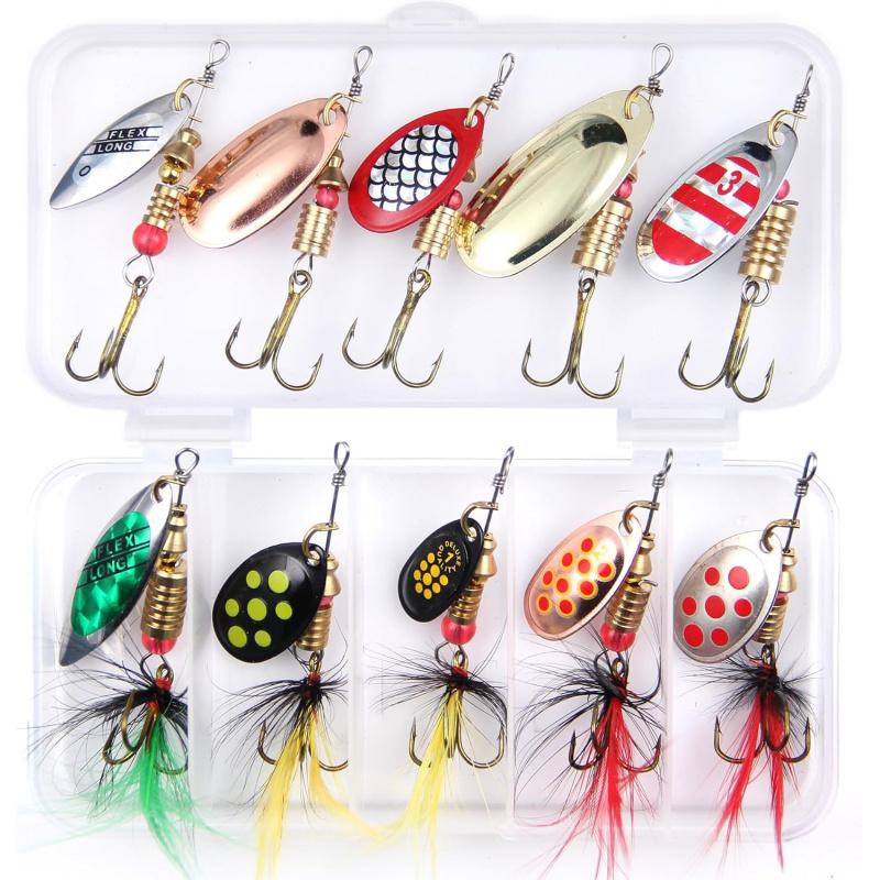 10Pcs Rotating Feather Fake Bait Rooster Tail 10cm with High Carbon Steel F.5g Special Storage Box for Bass And Salmon Fishing