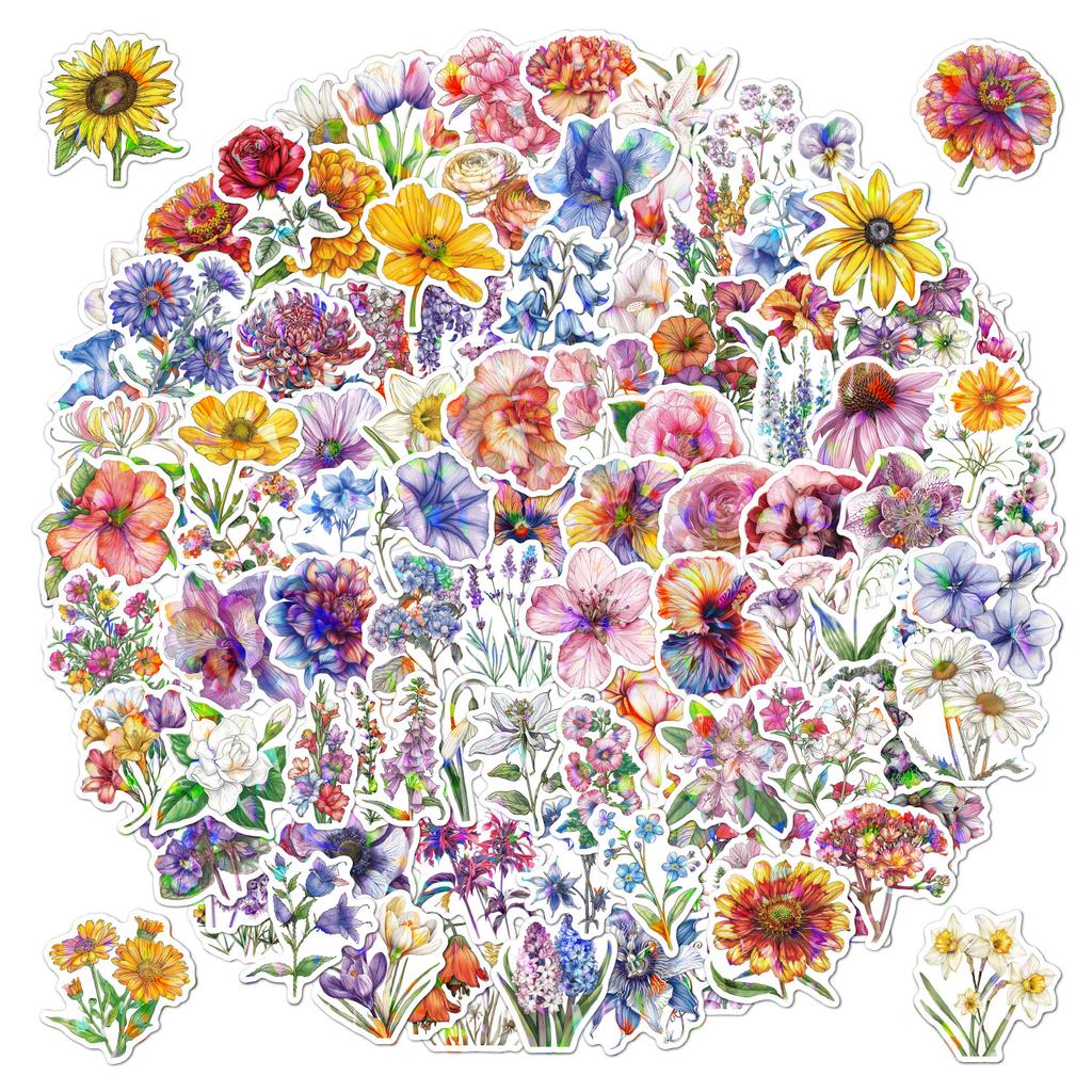 Laser Sparkle Floral Stickers Waterproof Vinyl for Phone Case Laptop Suitcase Stationery Decals Bulk Wholesale