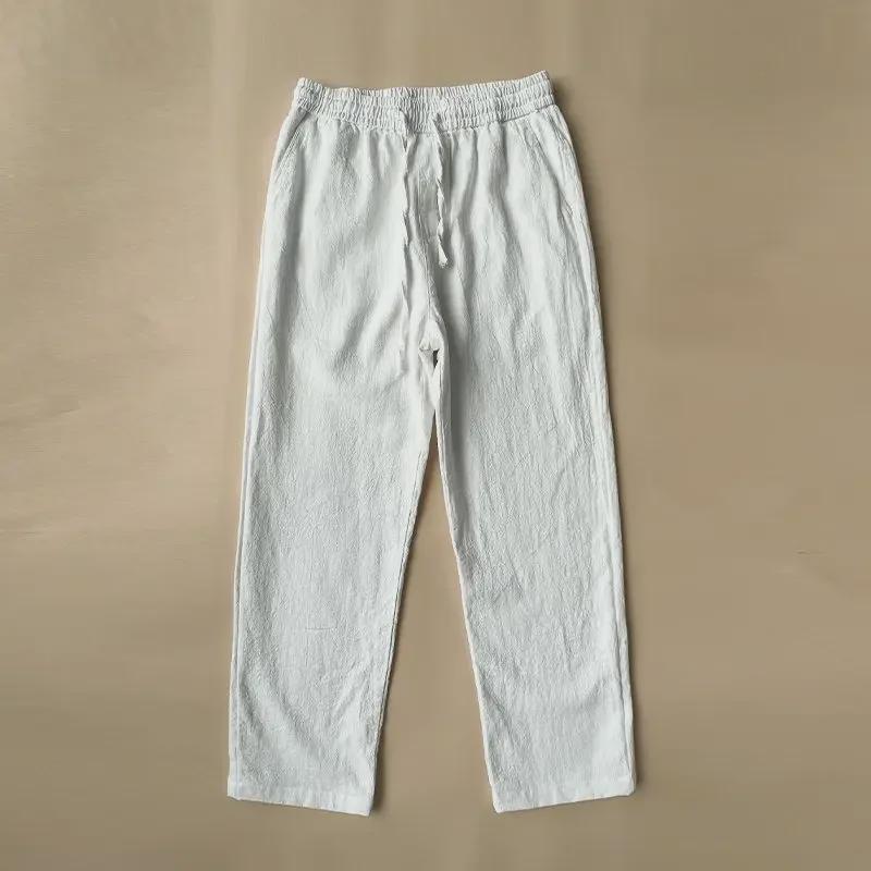 Men's High-End Chinese Style Cotton Linen Pants - Spring/Autumn Thin, Loose, Straight, White Casual Trousers