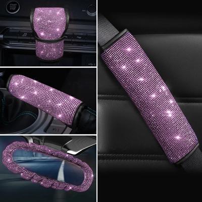 Bling Damen Autozubehör Auto Handbremse Gangschaltung Rückspiegel Armlehnenbezug Schulterpolster Rosa Strass Dekorationsset