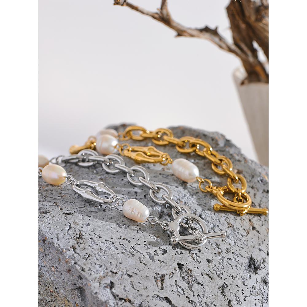 Yhpup 316l Stainless Steel Natural Pearl Chain Toggle-Clasps Bracelet Bangle for Women Elegant Fashion Jewelry Bijoux Waterproof