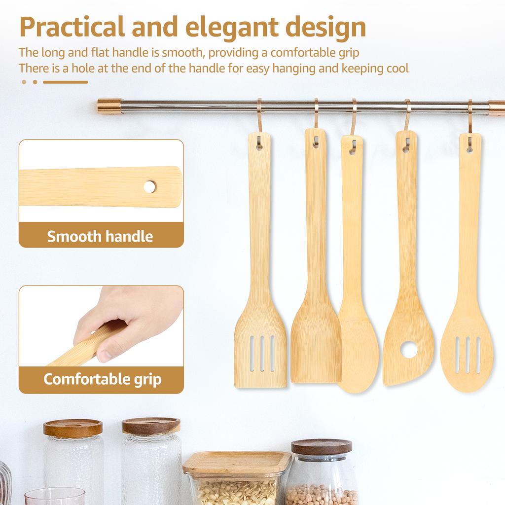 12Pcs Bamboo Cooking Utensils Set Non Stick Bamboo Spoon Spatula Enduring Kitchen Utensil Wooden Cooking Tools Mixing Set