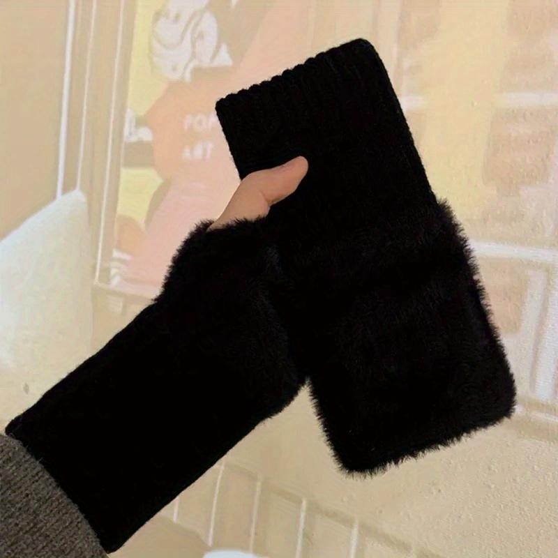 Solid Color Plush Gloves Women In Autumn and Winter Warm Woolen Knitted Touch Screen Open Finger Half Finger Gloves