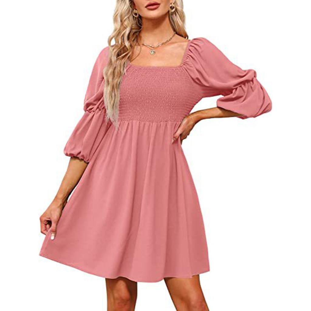 Women's Fashion Square Neck Puff Sleeve Pleated Backless Dress