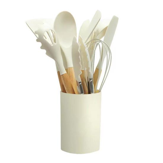 12Pcs Silicone Kitchenware Set Turner Spatula Spoon Non-Stick Heat Resistant Cooking Utensils with Wooden Handles Storage Bucket