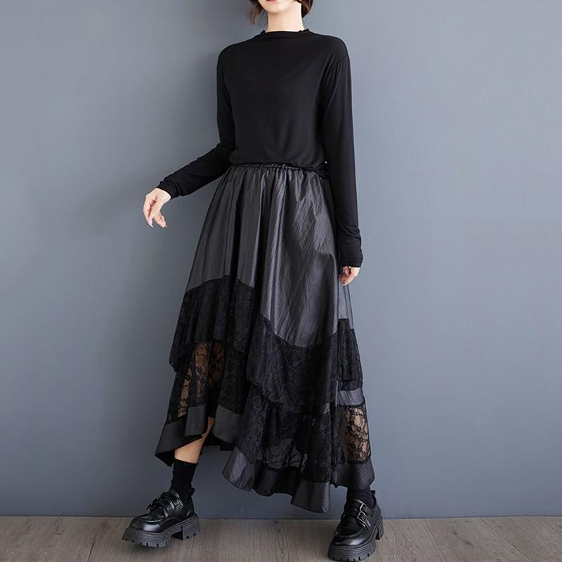 Black plus size High waist vintage floral Spring autumn casual loose long for woman skirts womens skirt