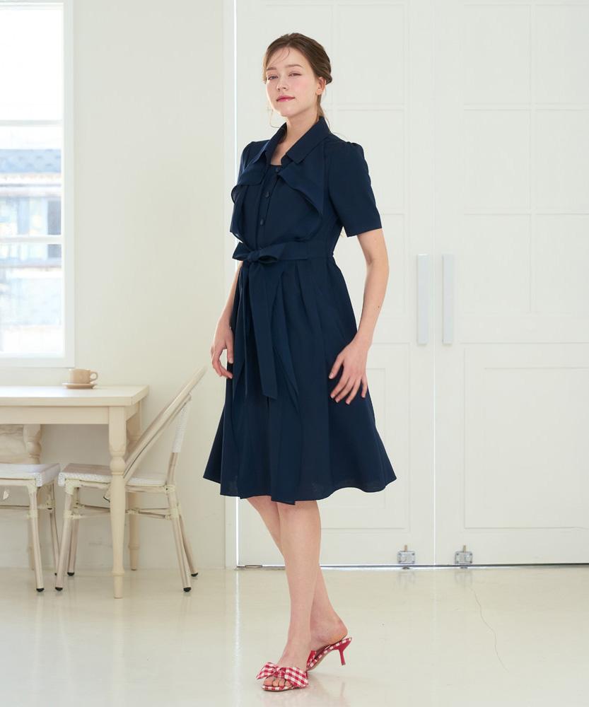 L By L Navy Frill Collar Belted Dress