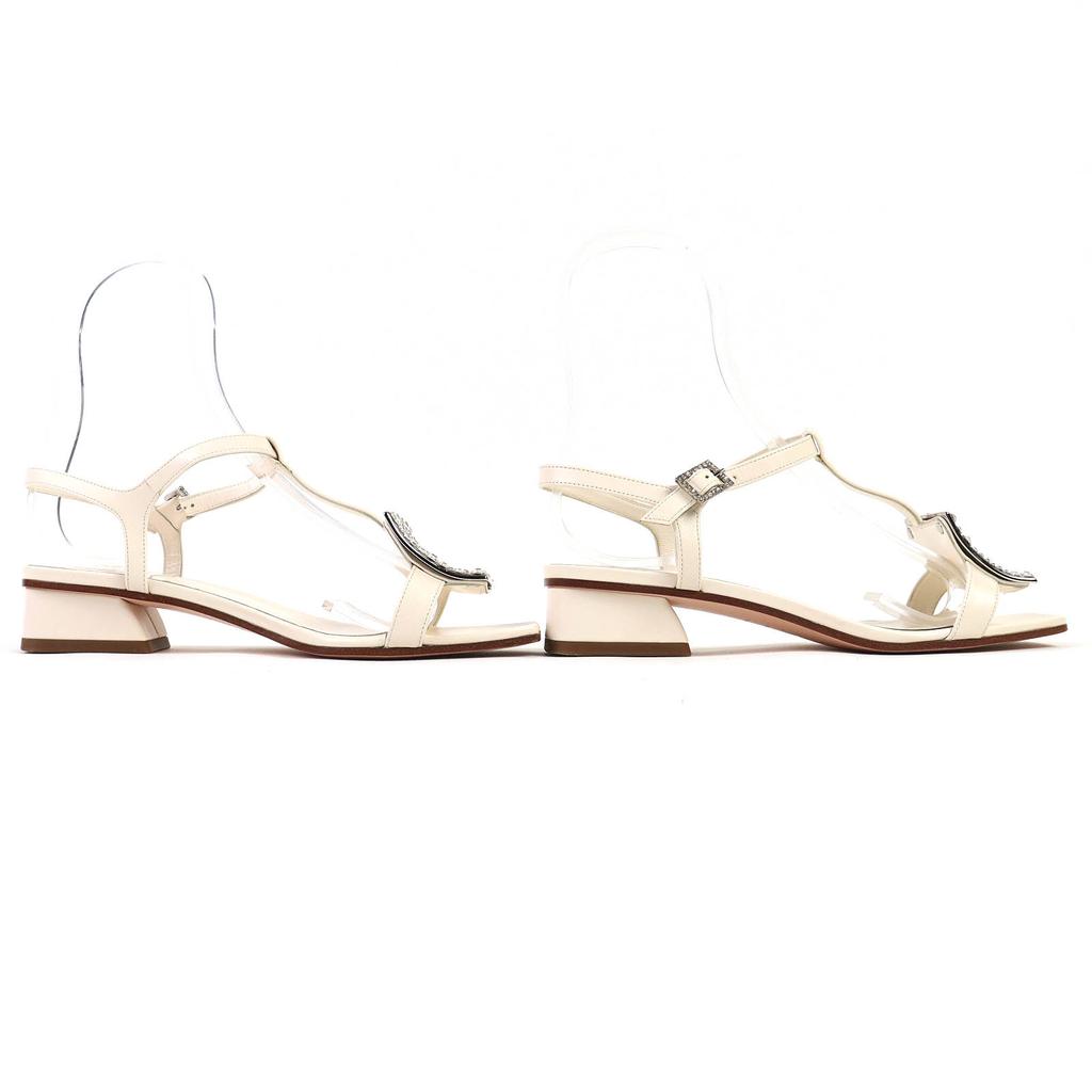 Great ROGER VIVIER Sandals Beaded Ankle with Strap Square Toe Leather Ivory  37 Used