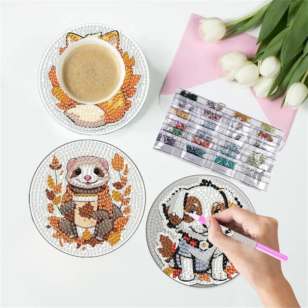 8 Pieces/set of Diamond Painted Animal Patterned Coasters, DIY Coasters with Holder, Suitable for Beginners and Adults, Art and Craft Supplies Gifts