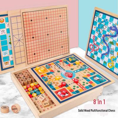 Dětská dřevěná multifunkční šachová sada: Létající šachy, Gomoku, Dáma, Džungle šachy a Xiangqi Vzdělávací hračka