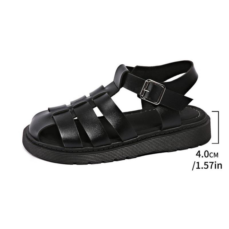 Women Sandals 2025 Summer Toe Buckle Openwork Braided Gears Platform Sandals Female PU Leather Roman Beach Black Hollow Shoes