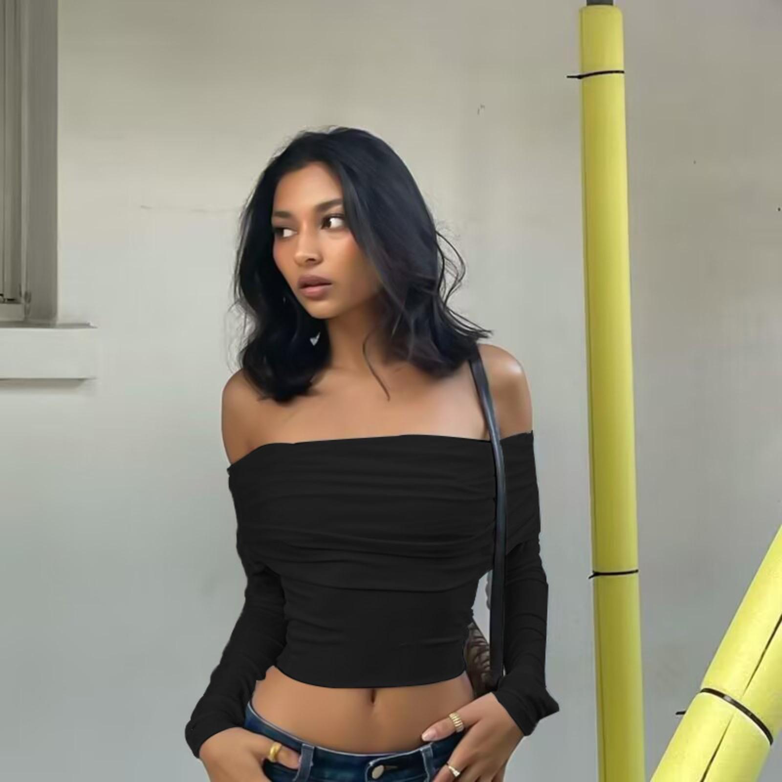 

Летняя женская футболка с одним плечом, облегающая, с длинным рукавом L чёрный