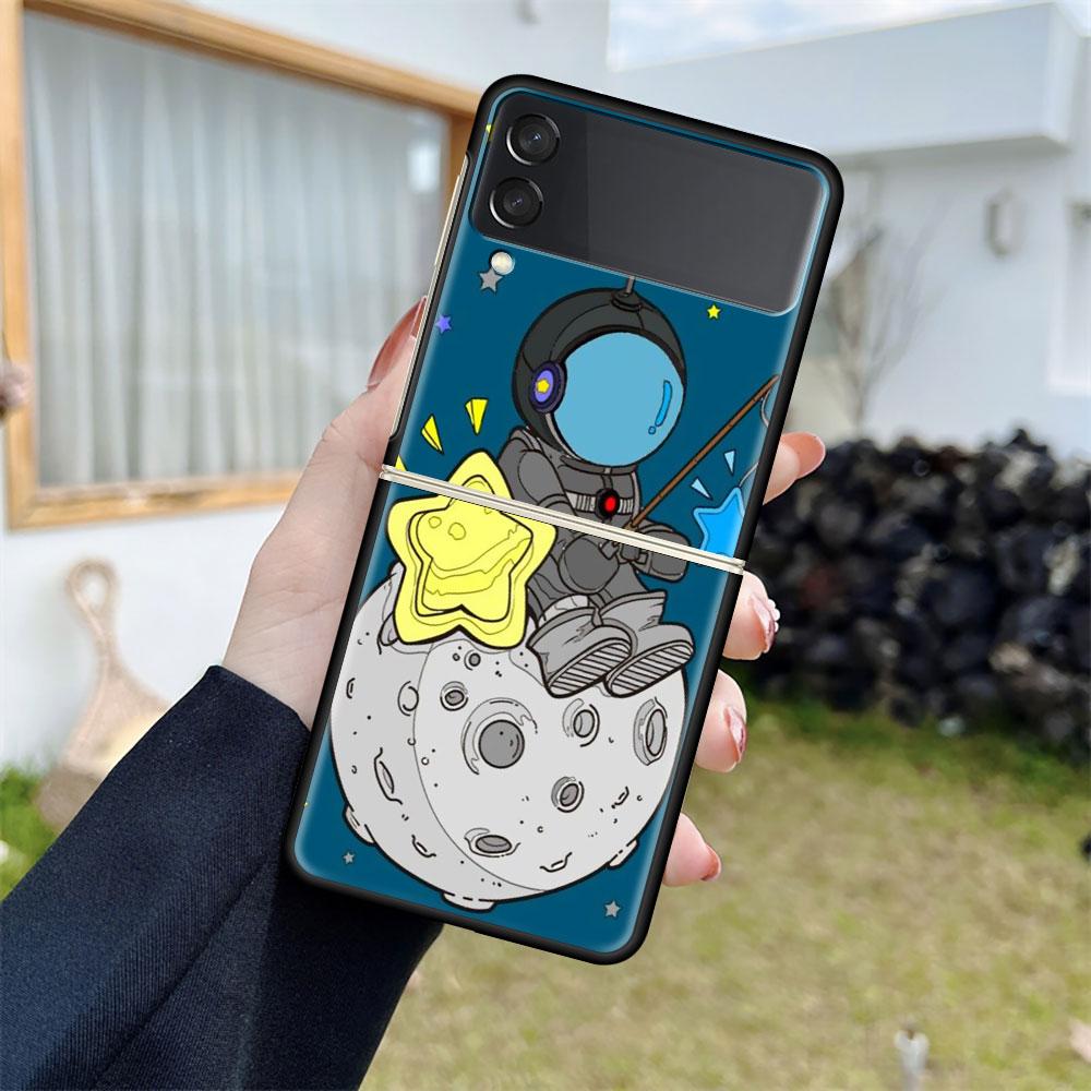 Luksusowe etui do Samsung Galaxy Z Flip 4 3 5G czarne etui na telefony PC twarde modne etui tylne ZFlip Funda Cartoon Cool Astronaut Sac