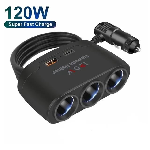 Dual USB 3 in 1 Socket 120W Car Cigarette Lighter Splitter 12V 24V Fast Charger Plug Phone Power Adapter for Car DVR GPS Dashcam
