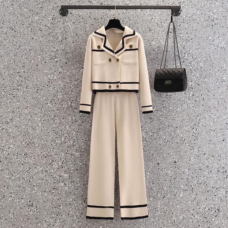 

Женский трикотажный комплект весна-осень с длинным рукавом, курткой с зазубренным воротником + широкими прямыми брюками, комплект из 2 предметов, женские наряды XL абрикосовый