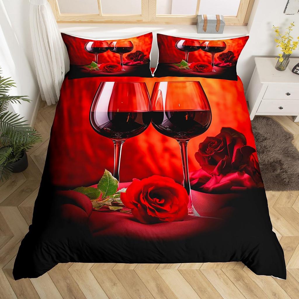 Rose Floral Duvet Cover Queen Twin for Women Girls Couple 3D Red Rose Wine Glass Bedding Set Luxury Botanical Comforter Cover