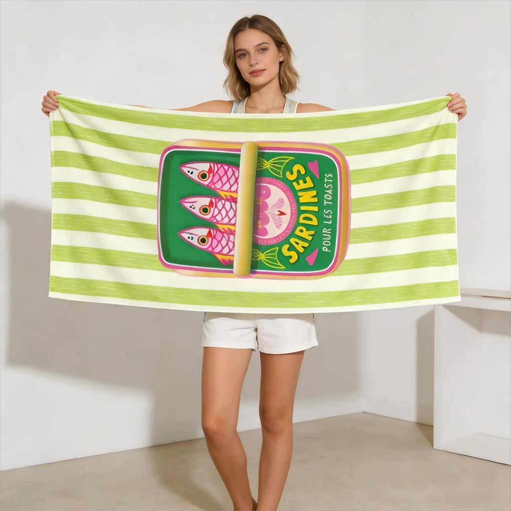 Sardine Can Beach Towel Retro Green Striped Fish Print Quick Dry Microfiber Sandproof French Vintage Gift